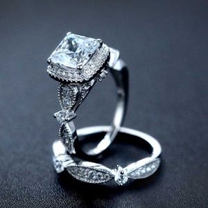 Sterling Silver Princess Cut Engagement Ring Set